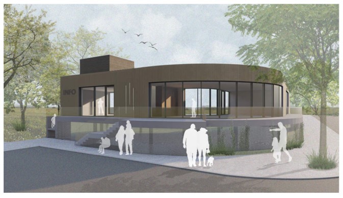 Das Foto zeigt die Entwurfsplanung des Ersatzneubaus des Tourismusgebäudes in Bad Bodendorf.