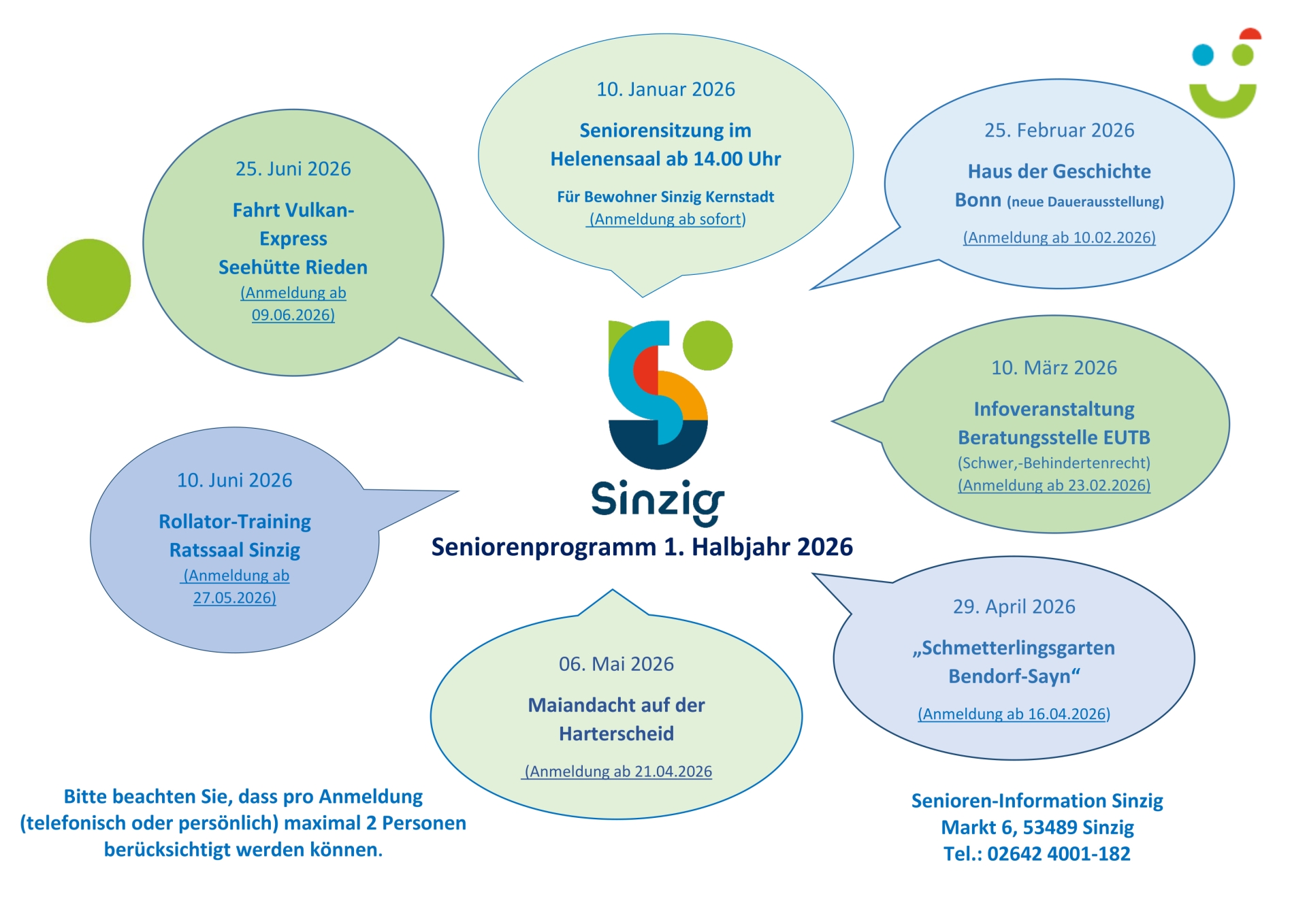 Das Foto zeigt eine Programmübersicht der Senioren-Information Sinzig für das erste Halbjahr 2026.