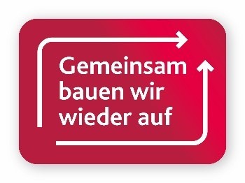 Das Foto zeigt ein Logo mit der Schrift Gemeinsam bauen wir wieder auf.