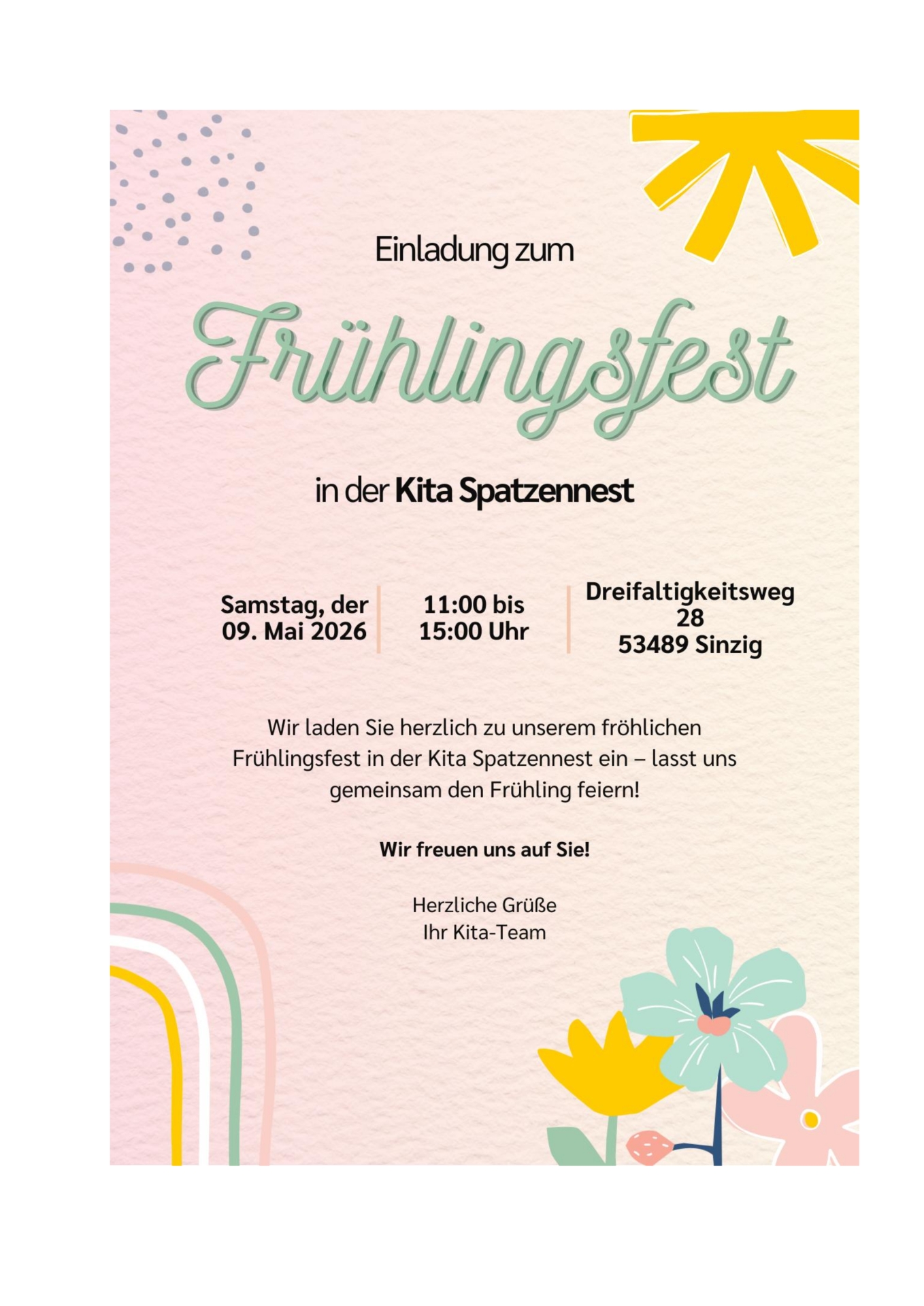 Das Foto zeigt das Plakat zum Frühlingsfest in der Kita Spatzennest