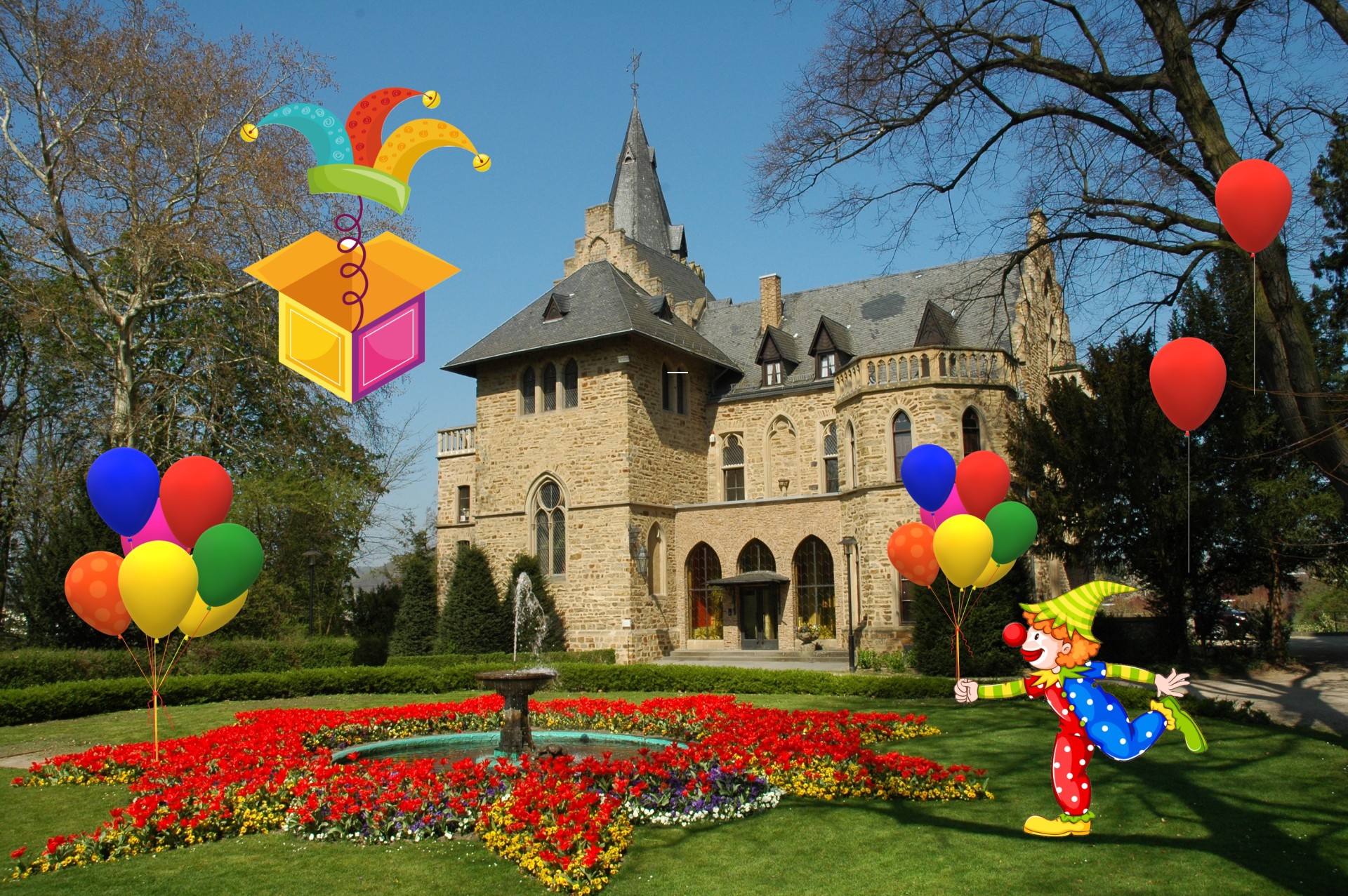 Das Foto zeigt das Schloss Sinzig mit Karnevalsmotiven.