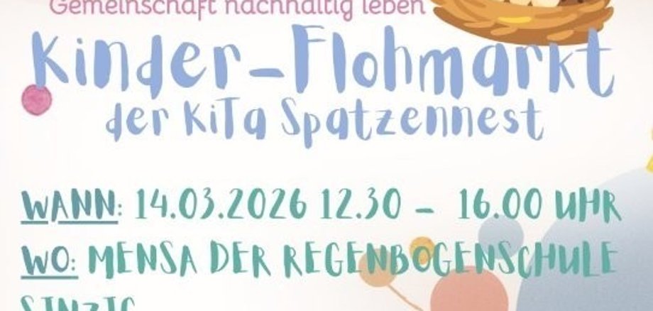 Das Foto zeigt das Plakat zum Kinder-Flohmarkt in der Kita Spatzennest.