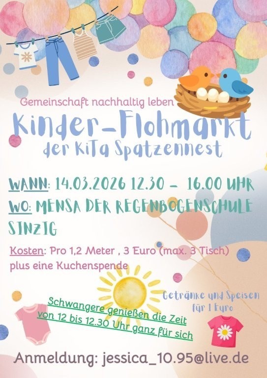 Das Foto zeigt das Plakat zum Kinder-Flohmarkt in der Kita Spatzennest.