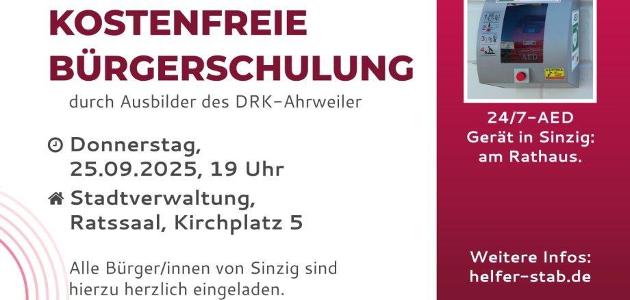 Das Bild zeigt das Plakat zur Bürgerschulung zur Handhabung von Defis am 25. September um 19 Uhr im Sinziger Rathaus.