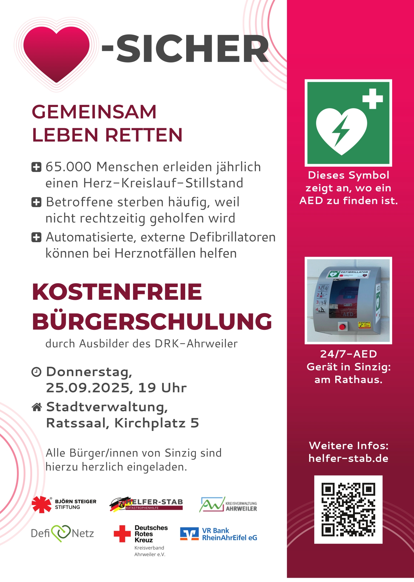 Das Bild zeigt das Plakat zur Bürgerschulung zur Handhabung von Defis am 25. September um 19 Uhr im Sinziger Rathaus.