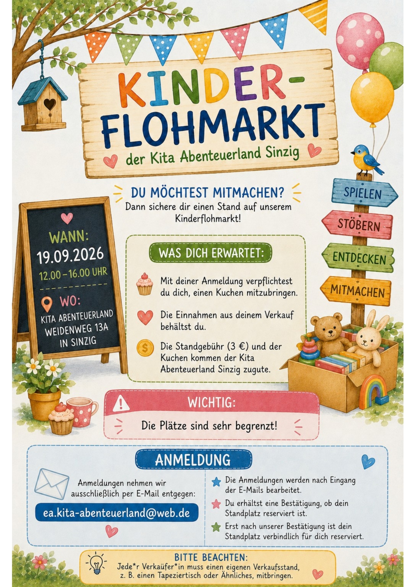 Das Foto zeigt das Plakat zum Kinderflohmarkt in der Kita Abenteuerland am 19. September.