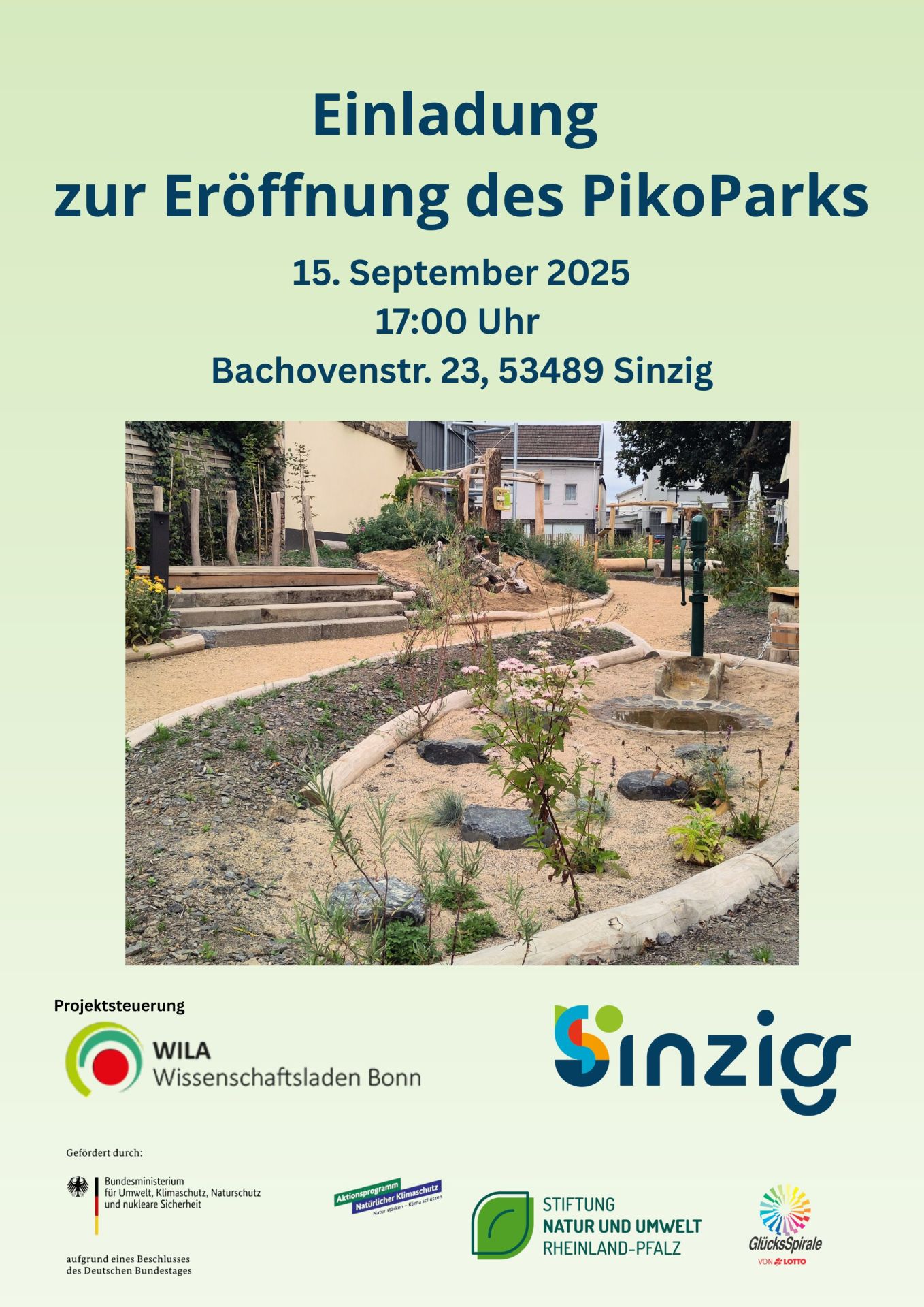 Einladung zur Eröffnung des PikoParks Das Foto zeigt das Plakat zur Eröffnung des PikoParks am 15. September um 17 Uhr.