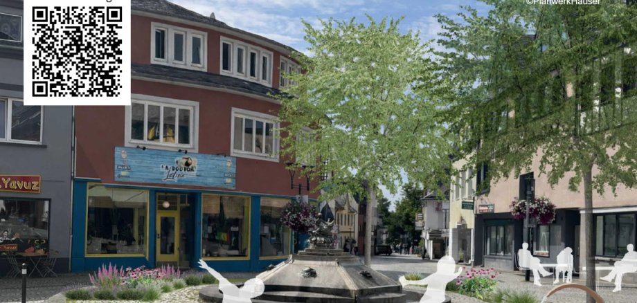 Das Foto zeigt den Marktplatz und den QR-Code mit Link zur Umfrage