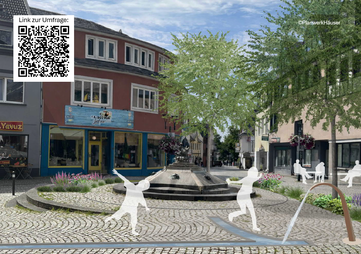 Das Foto zeigt den Marktplatz und den QR-Code mit Link zur Umfrage