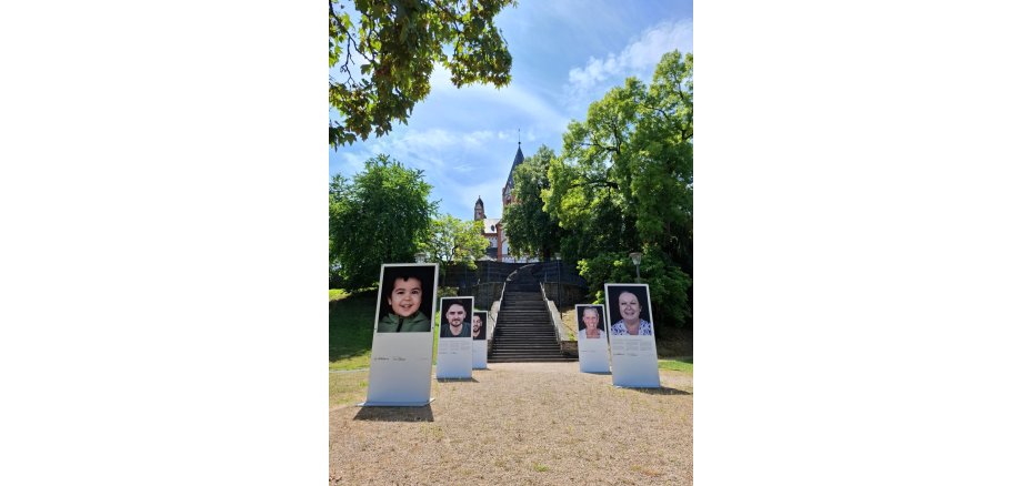 Freiluftausstellung "We AHR strong - Fünf Jahre später, ein neuer Blick" Das Foto zeigt fünf Ausstellungsstelen zur Freiluftausstellung "We AHR strong - Fünf Jahre später, ein neuer Blick", die im Luna Park in Sinzig ausgestellt sind.