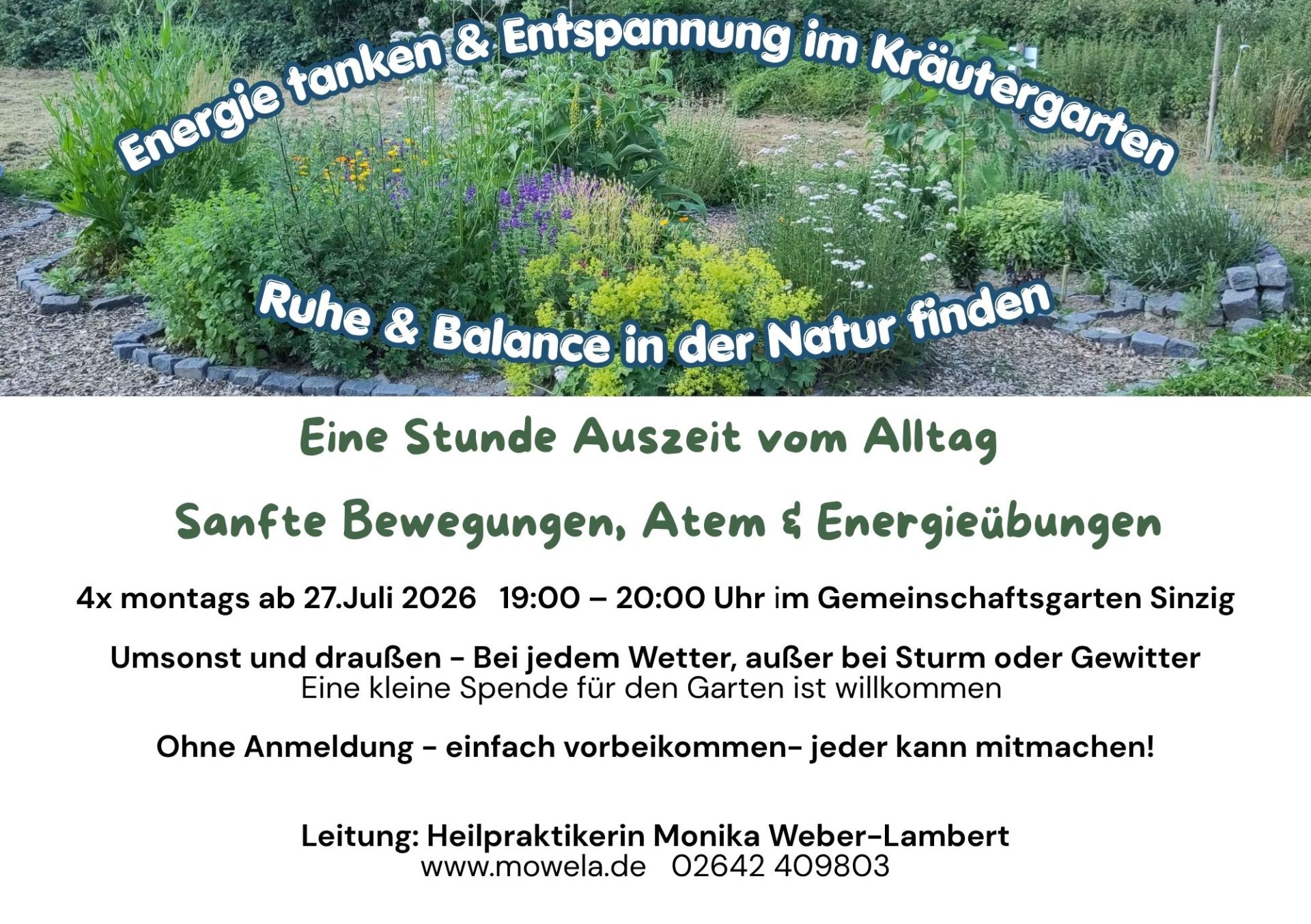 Das Bild zeigt das Plakat zur Aktion Energie tanken & Entspannung im Kräutergarten