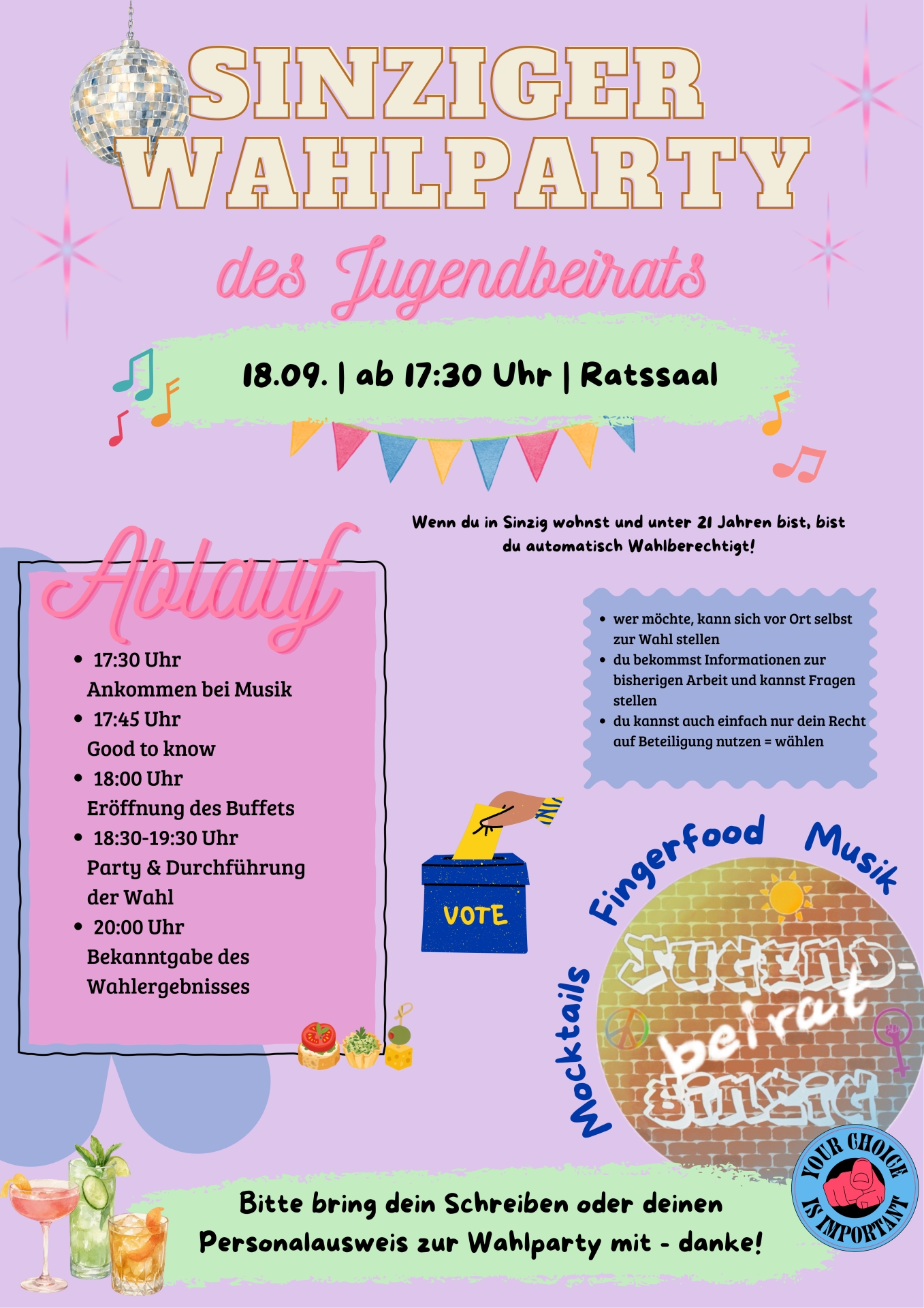 Das Bild zeigt das Plakat zur Sinziger Wahlparty des Jugendbeirats